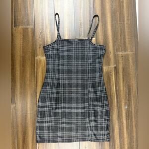 Black & White Plaid Mini Dress size M square neck, bodycon, thin straps Punk Y2K